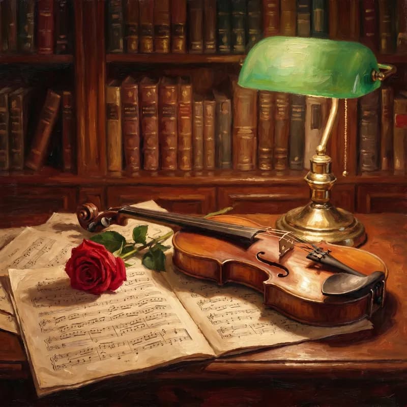 AI-generated Classical album cover: Vintage sheet music partly hidden by a single red rose and a violin, warm library lamp light, oil painting texture