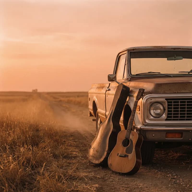 AI-generated Country album cover: Dusty acoustic guitar against an old pickup truck on an open prairie road, golden hour light, film photography