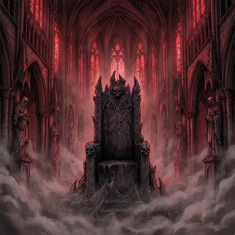 AI-generated Dark metal album cover: Obsidian throne in a misty gothic cathedral, crimson red atmosphere, cinematic lighting, dramatic symmetry
