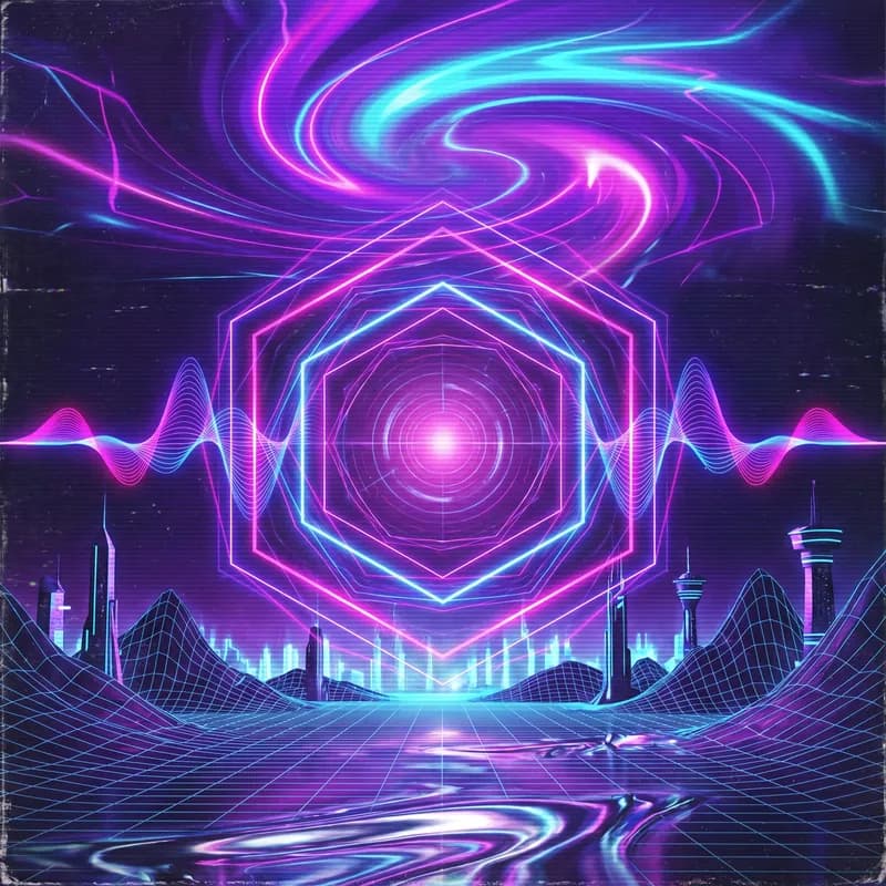 AI-generated EDM / synthwave album cover: Abstract neon sound waves forming a glowing geometric portal, cyberpunk purple and cyan palette, retro 80s vibe