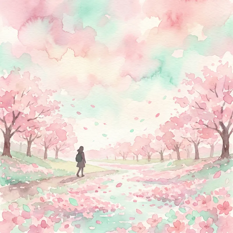 AI-generated Indie pop album cover: Pastel pink and mint dreamscape, a solitary figure walking through a cherry blossom field, soft watercolor style