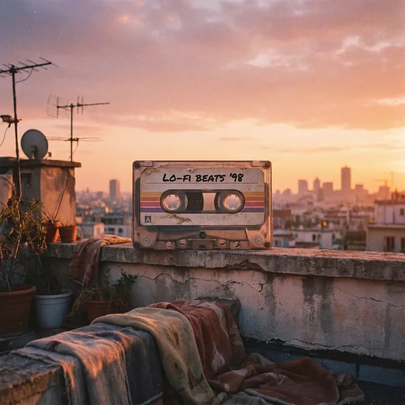 AI-generated Lo-fi hip-hop album cover: Vintage cassette tape on a sunlit rooftop, warm orange and pink sunset sky, soft film grain, 90s nostalgic aesthetic