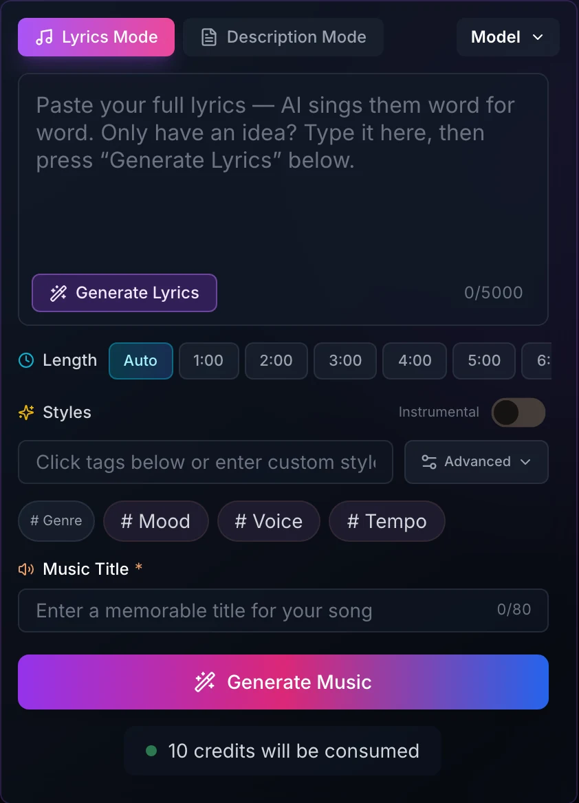 The aisong.io AI Music Generator form in Lyrics Mode: lyrics box with Generate Lyrics, length from Auto to 6 minutes, style tags, the Instrumental switch, the title field and the Generate Music button showing 10 credits