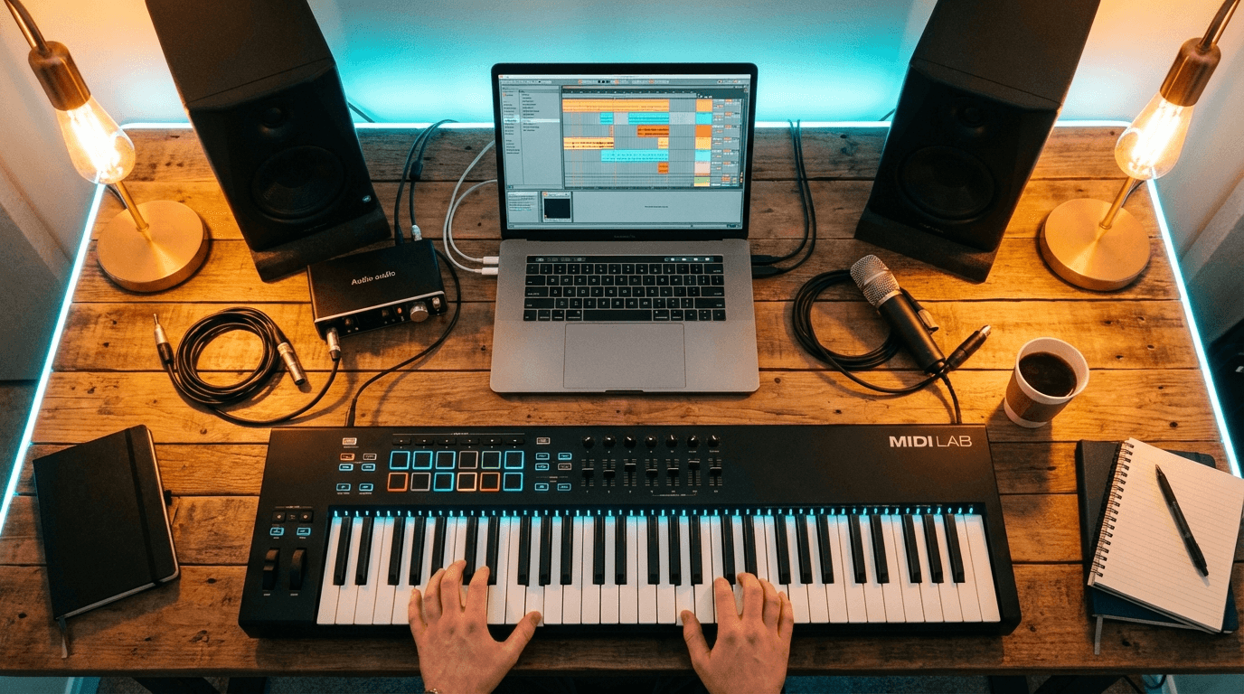 Home studio with MIDI keyboard and DAW